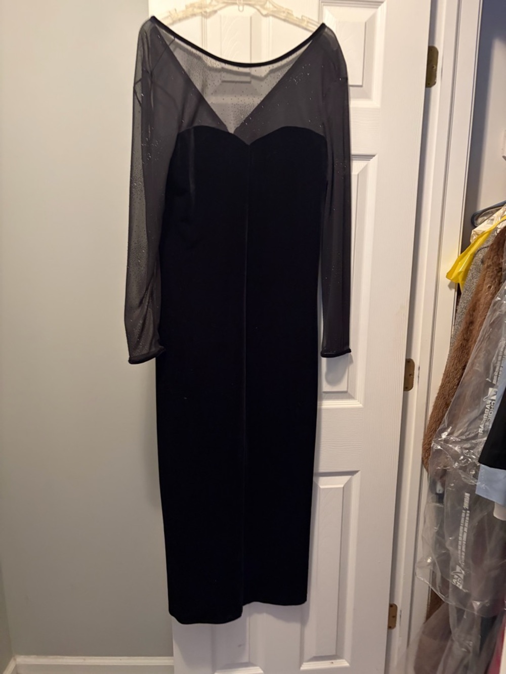 Robbie Bee Black Velvet Long Sleeve Evening Gown with Sheer Sparkle Yoke - Picture 2 of 3